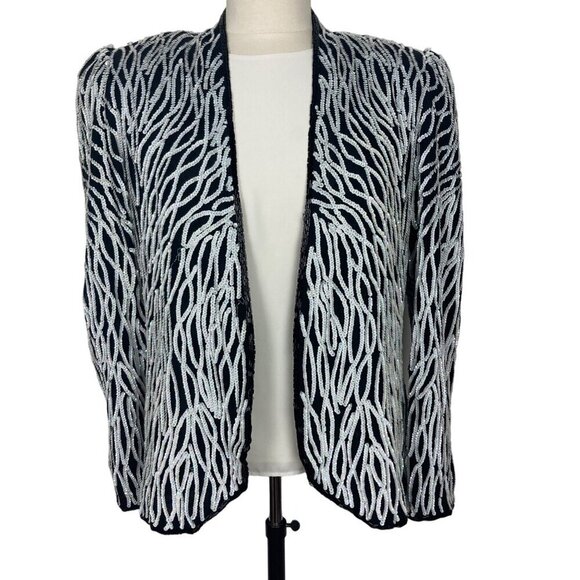 Vintage Nipon Night Sequin Jacket Womens Medium Black White Wedding Evening - Picture 2 of 11